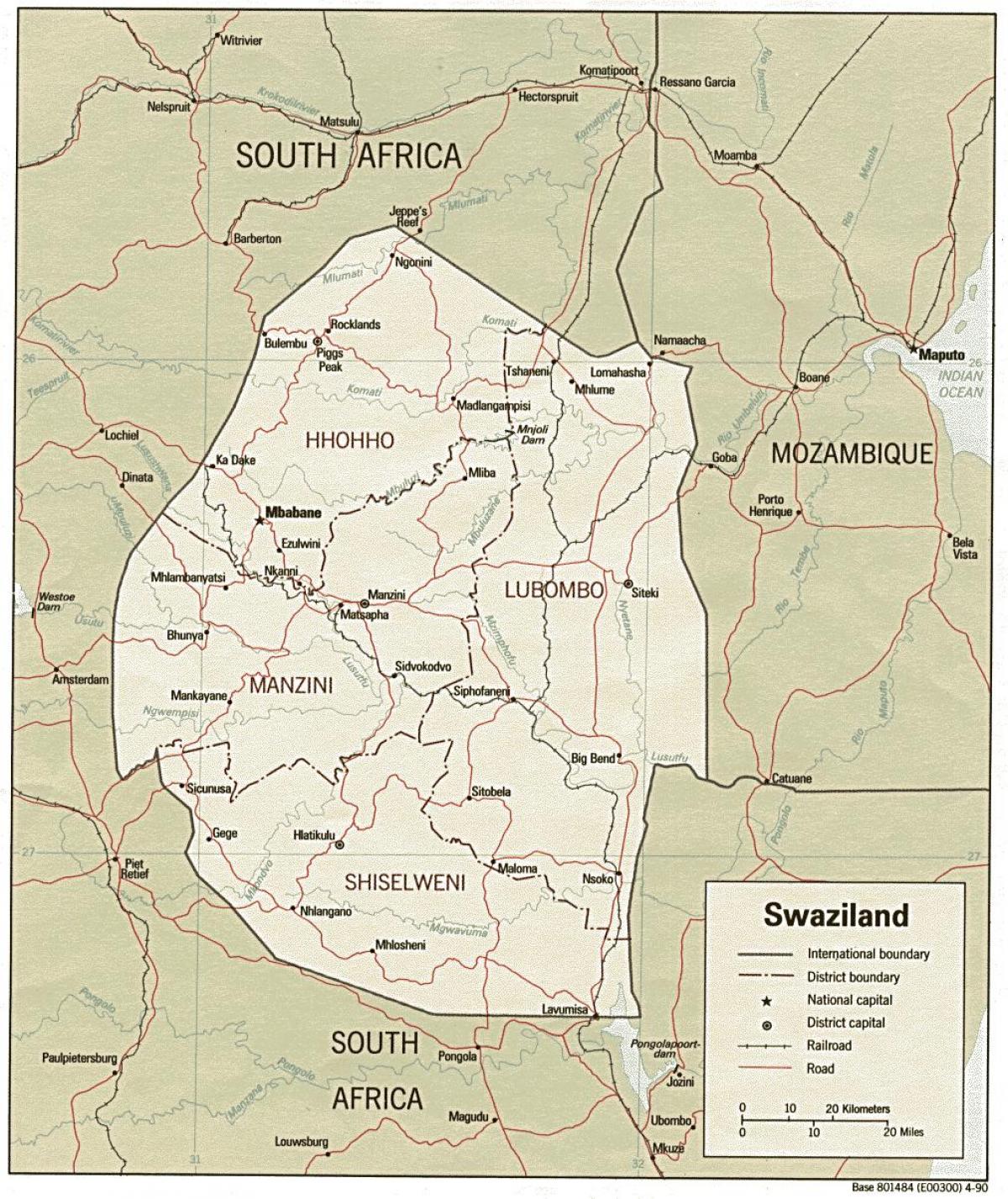 mapa da Suazilândia, mostrando postos de fronteira